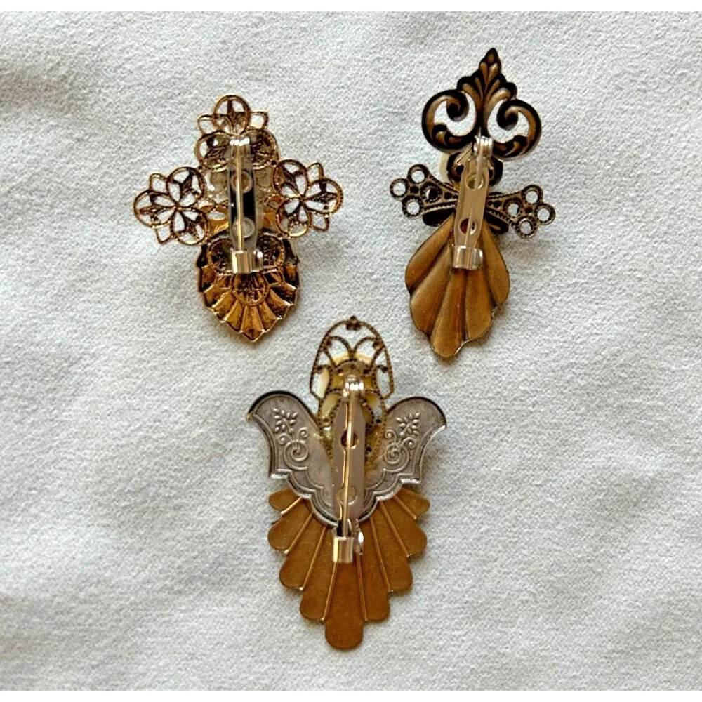 Vintage Gold and Silver Tone Angel Pins Faux Pearl - Lot of 3